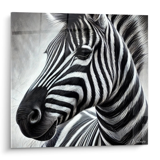 Zèbre de profil aux rayures noires et blanches, museau incliné, fond gris texturé