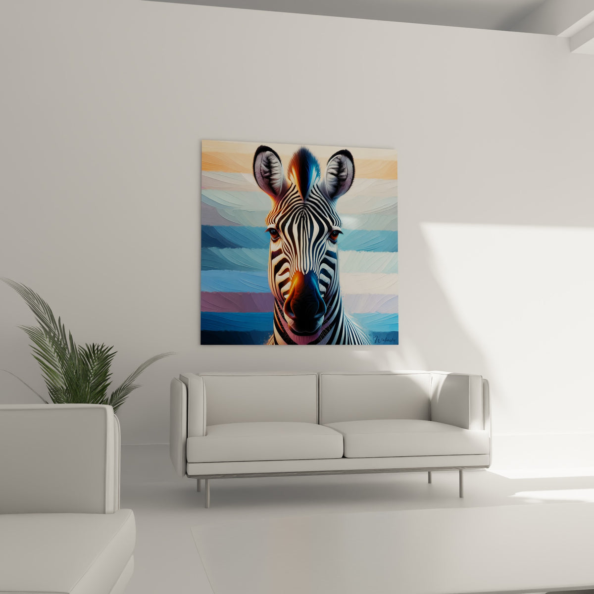 Portrait de zèbre aux tons bleu marine et ocre, suspendu au-dessus d'un canapé dans un salon lumineux