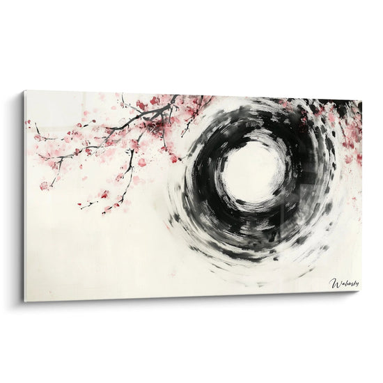 Un tableau abstrait spirale présentant un tourbillon d'encre noire dynamique au centre, contrastant avec des branches de cerisier roses délicates sur la gauche, le tout sur fond blanc texturé avec des effets d'éclaboussures et de dégradés.
