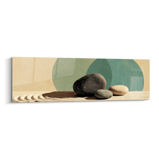 Tableau Galets Zen sur Sable Doré avec Cercles Verts Pastel - Sérénité Minérale - Edition Sable