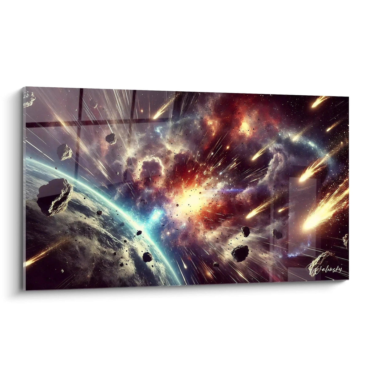 Une explosion de couleurs rouge or bleu evoque une supernova dans ce tableau espace contemporain vue de biais

