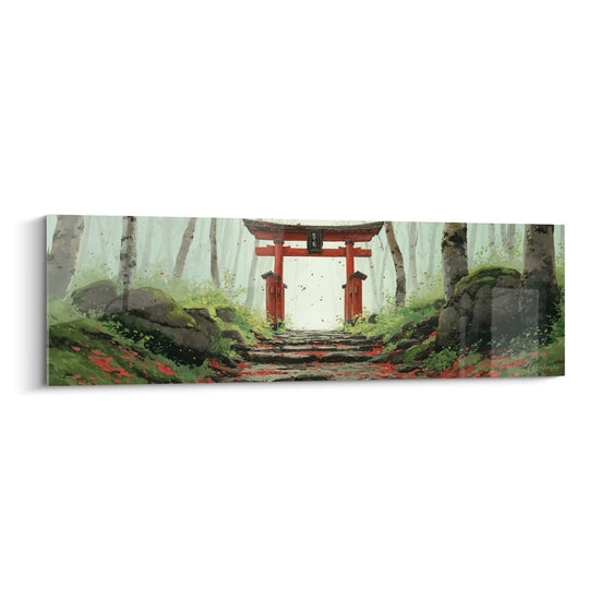 Tableau torii rouge dans forêt mystique aux tons verts et brumeux - Sanctuaire forestier - Edition torii