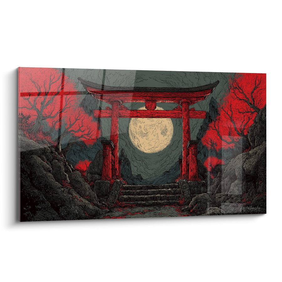 Tableau torii rouge sous lune dorée dans paysage nocturne mystique - Sanctuaire lunaire - Edition torii
