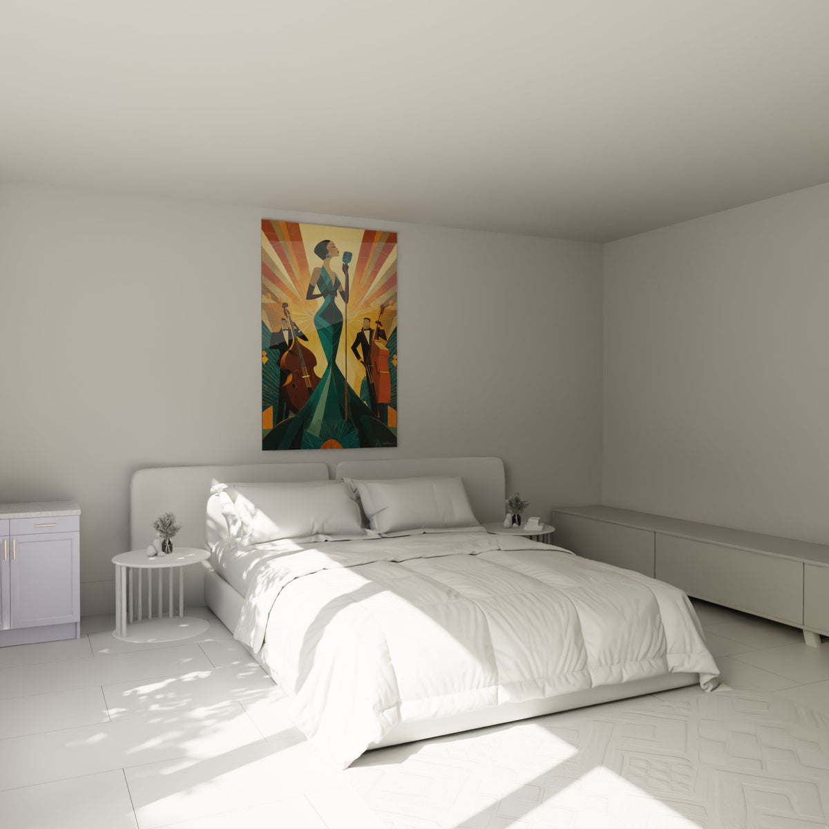 Tableau chanteuse jazz art déco accroché dans chambre moderne avec éclairage tamisé et décoration élégante