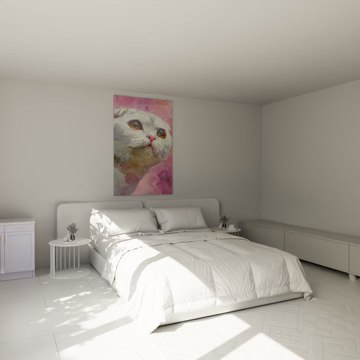 Décoration chambre avec tableau chat Scottish Fold rose, ambiance douce et apaisante