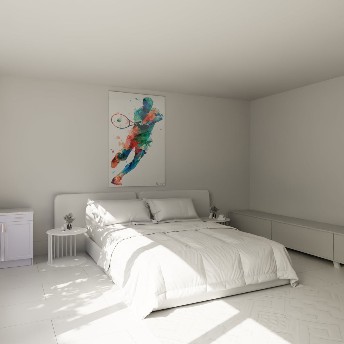 Décoration murale tennis aquarelle dans chambre moderne avec couleurs vives expressives