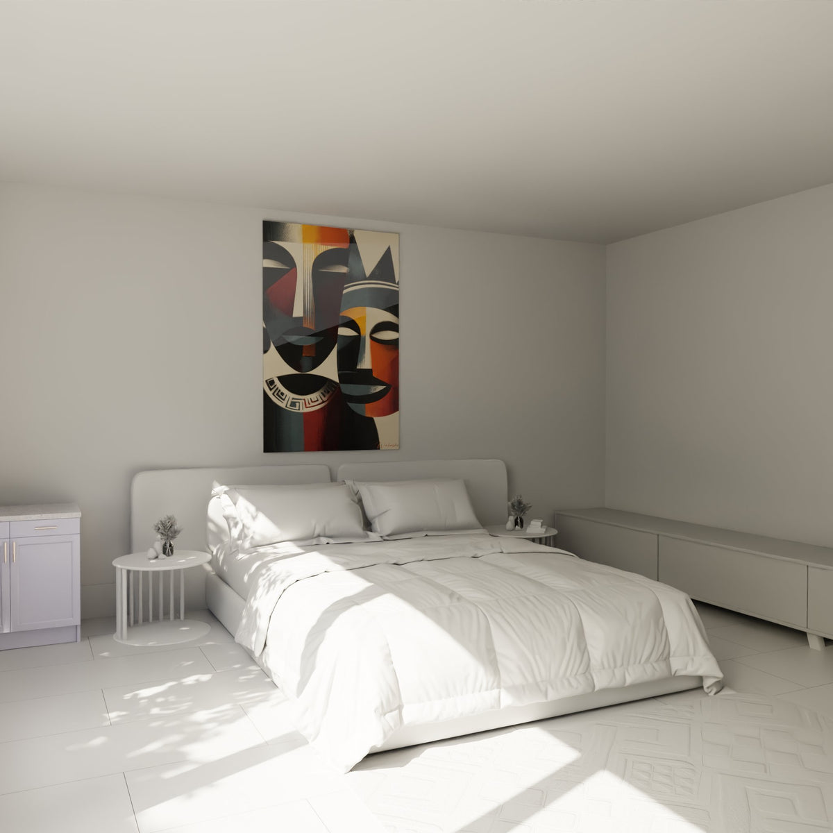 Tableau masques africains abstraits décorant une chambre moderne, art tribal contemporain mural