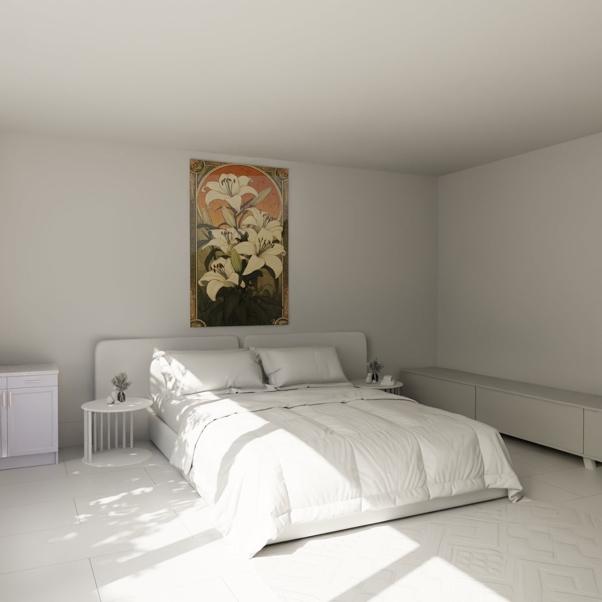 Tableau lys blancs art déco dans chambre moderne, décoration murale florale aux tons chauds et dorés