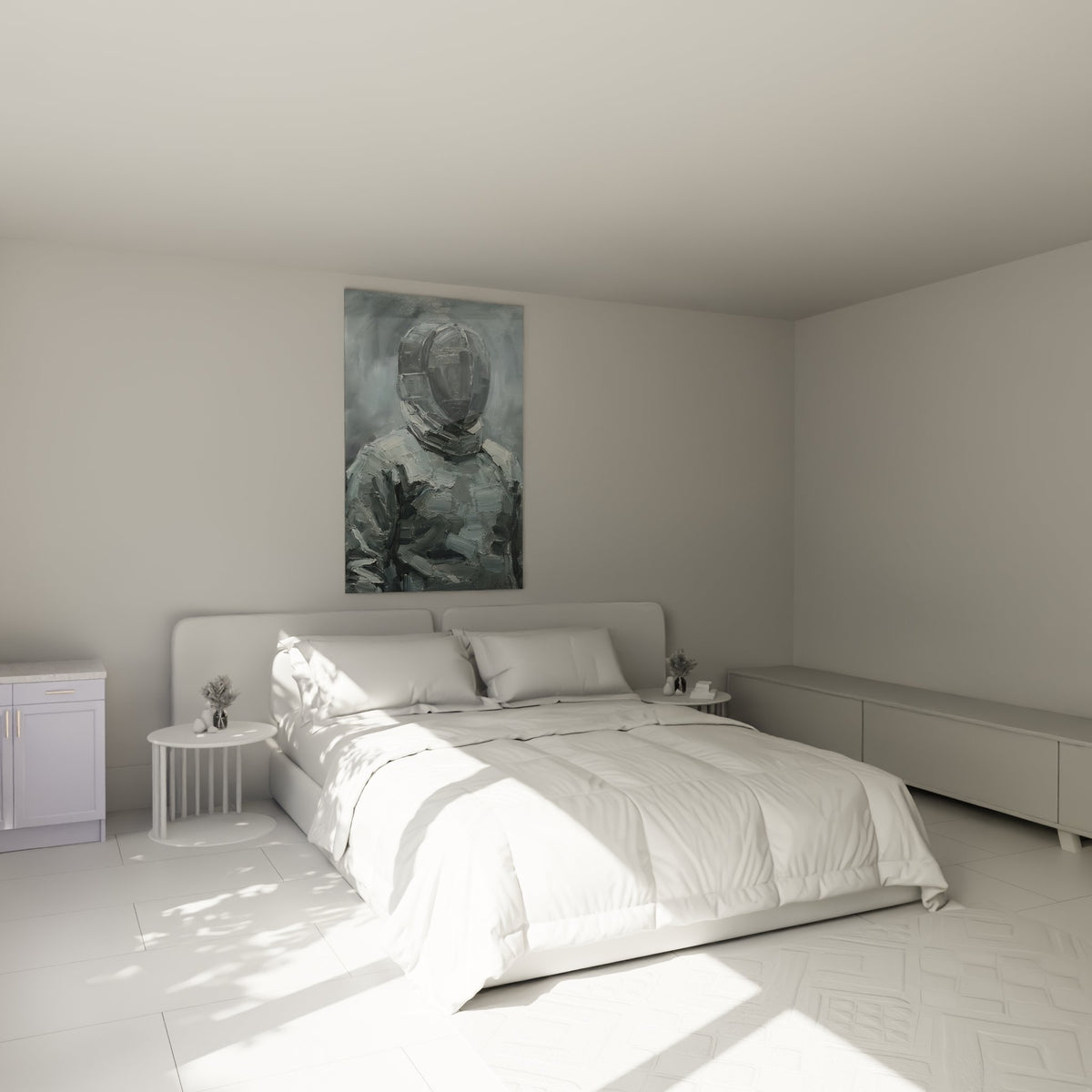 Tableau escrimeur masque dans chambre decoration murale moderne peinture grise ambiance contemporaine