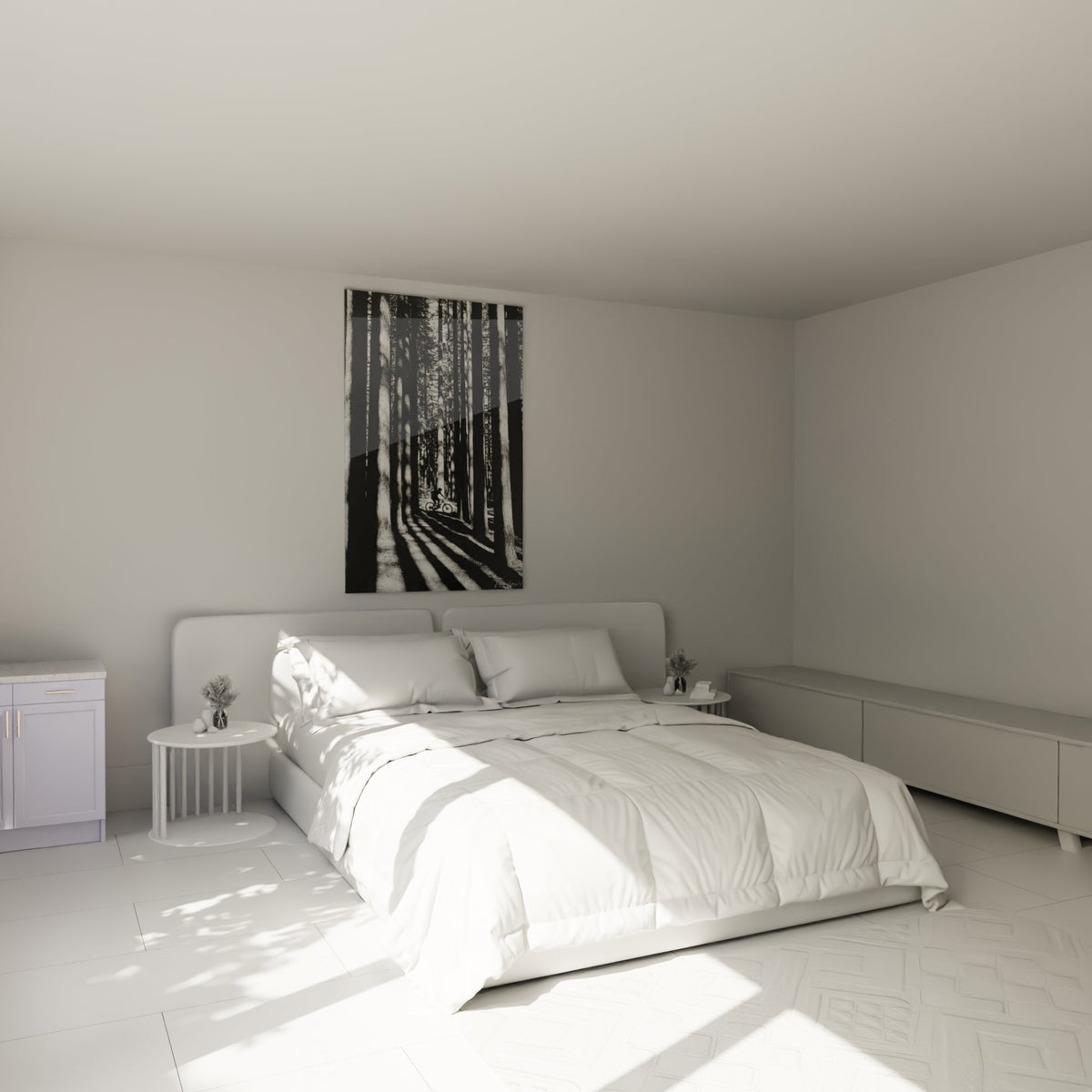 Décoration murale VTT forêt noir et blanc dans une chambre moderne avec ambiance naturelle apaisante