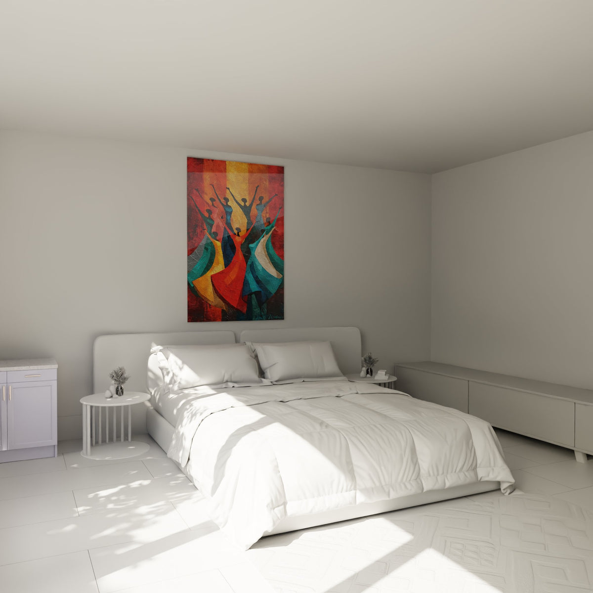 Decoration murale danse africaine dans chambre moderne, tableau colore de danseuses en mouvement