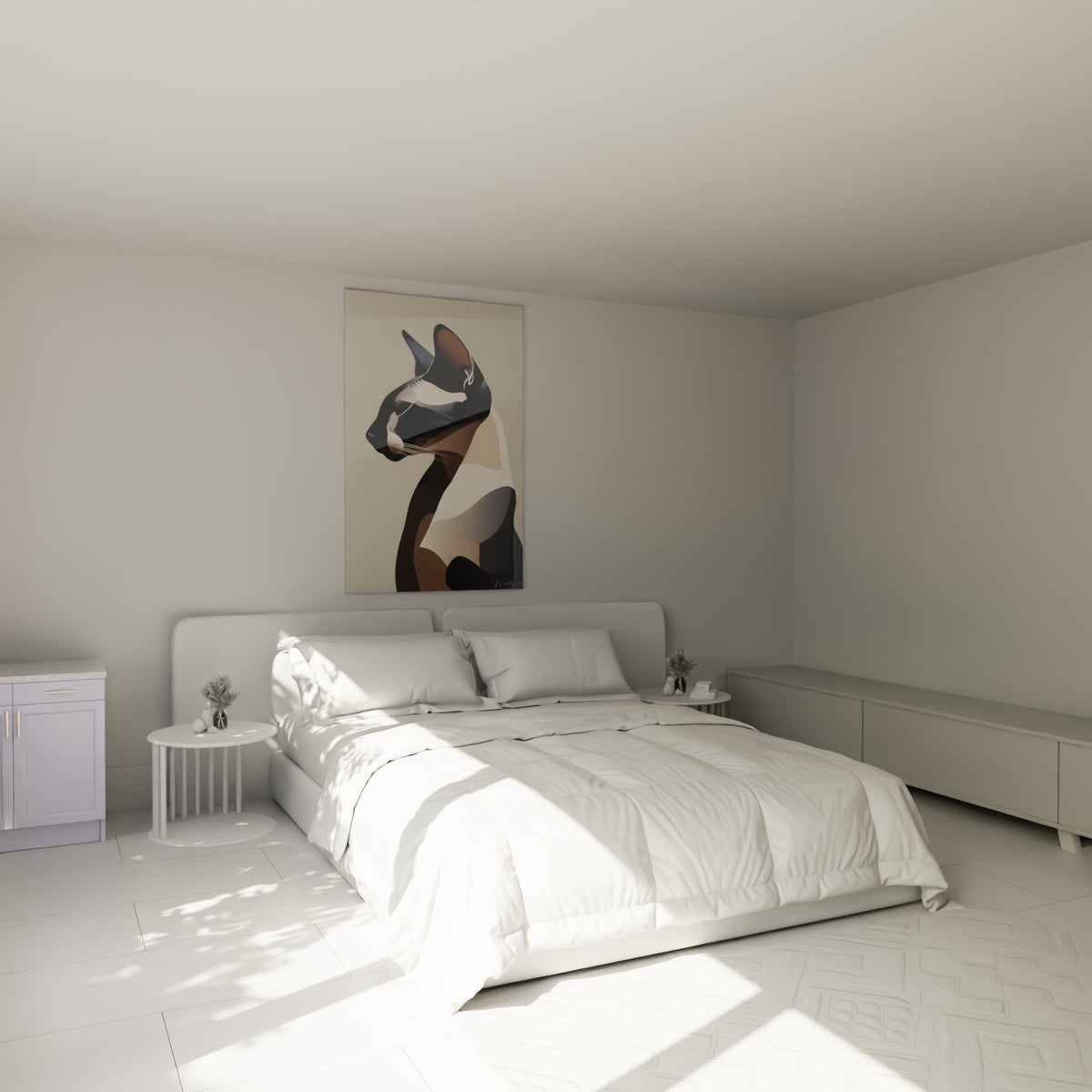 Tableau chat Sphynx géométrique dans chambre moderne décoration murale contemporaine ambiance cosy