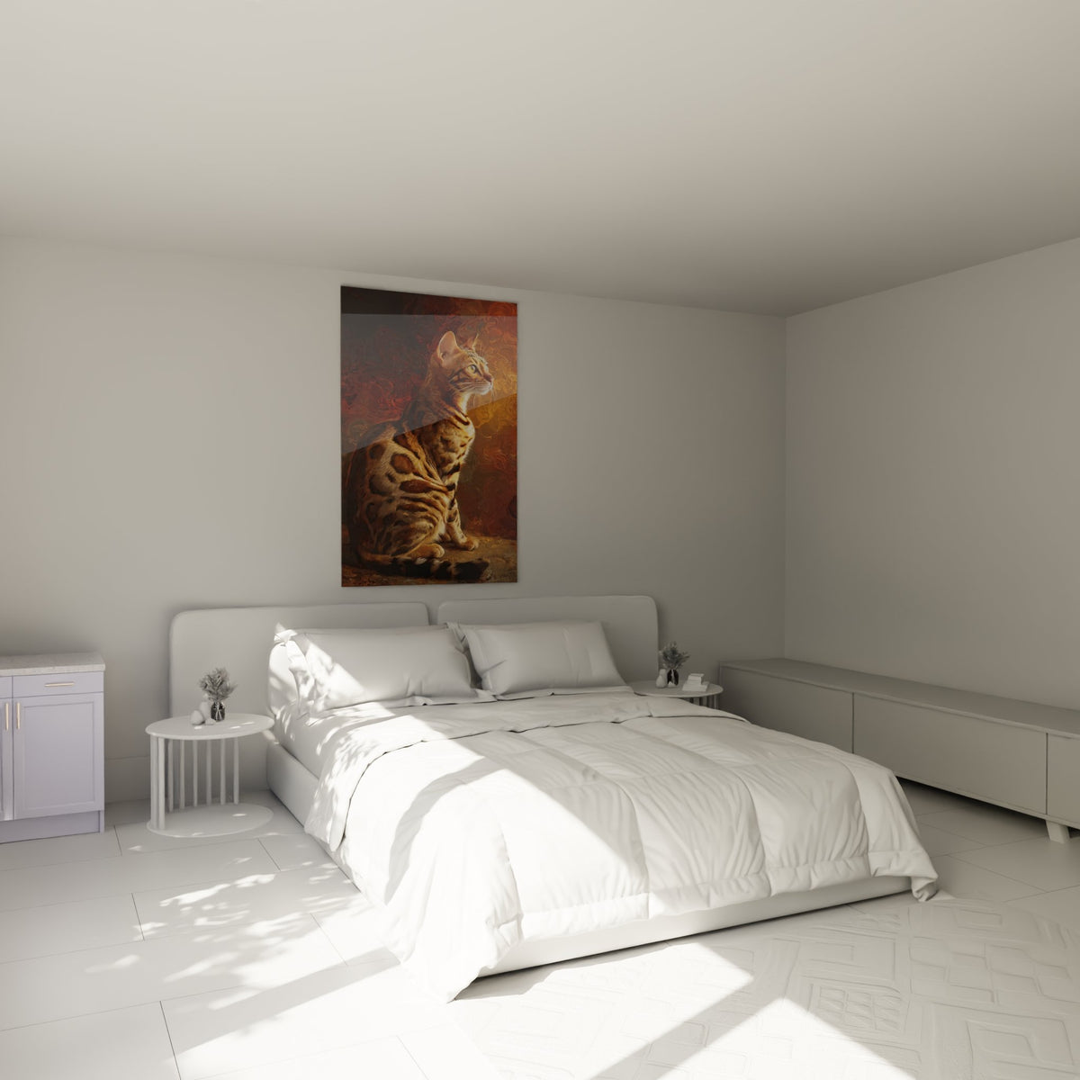 Tableau chat Bengal lumière dorée installé dans une chambre moderne pour décoration murale féline