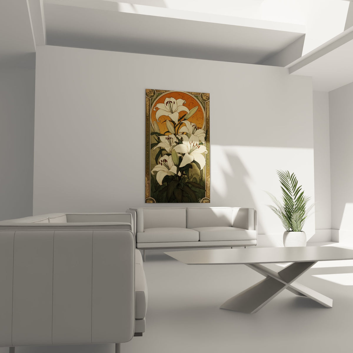 Détail gros plan des lys blancs art déco, pétales délicats et étamines rousses sur fond ambré décoratif