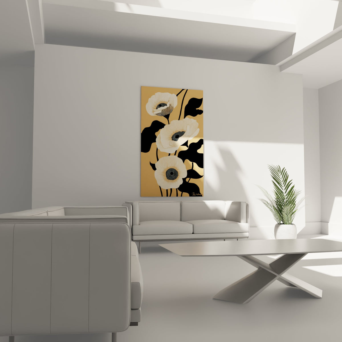 Detail fleurs stylisees art deco, motifs radiaux noirs sur petales beiges texture delicate