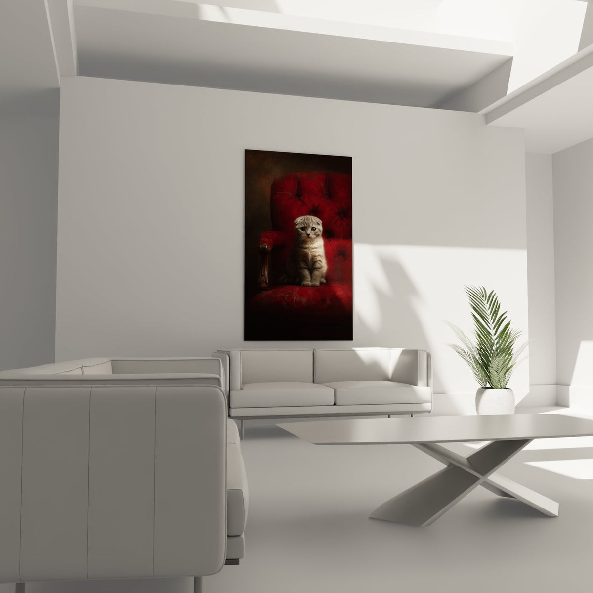 Gros plan chaton Scottish Fold aux yeux expressifs sur siege en cuir rouge art mural detaille