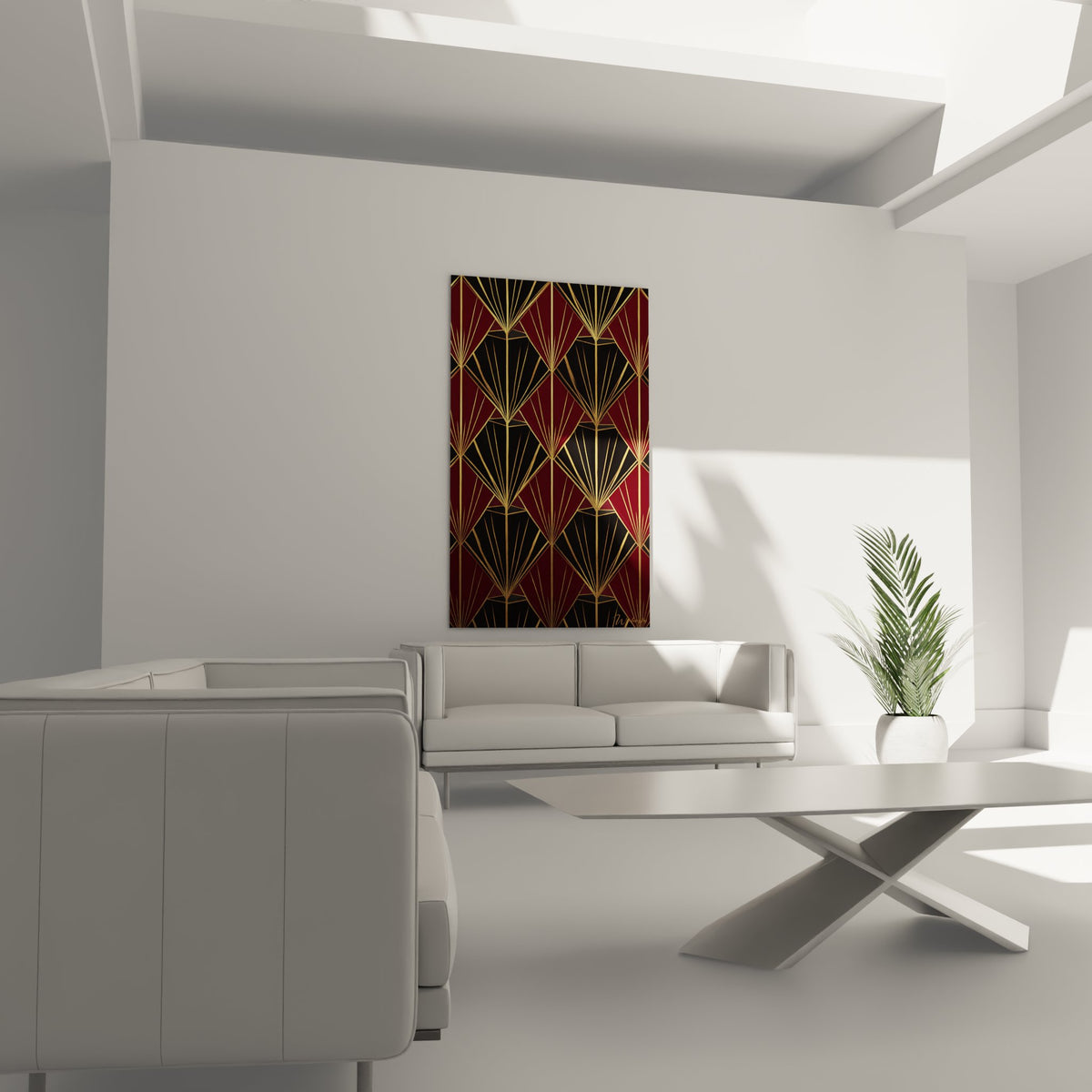 Détail motif géométrique Art Déco éventails bordeaux lignes dorées rayonnantes design luxueux