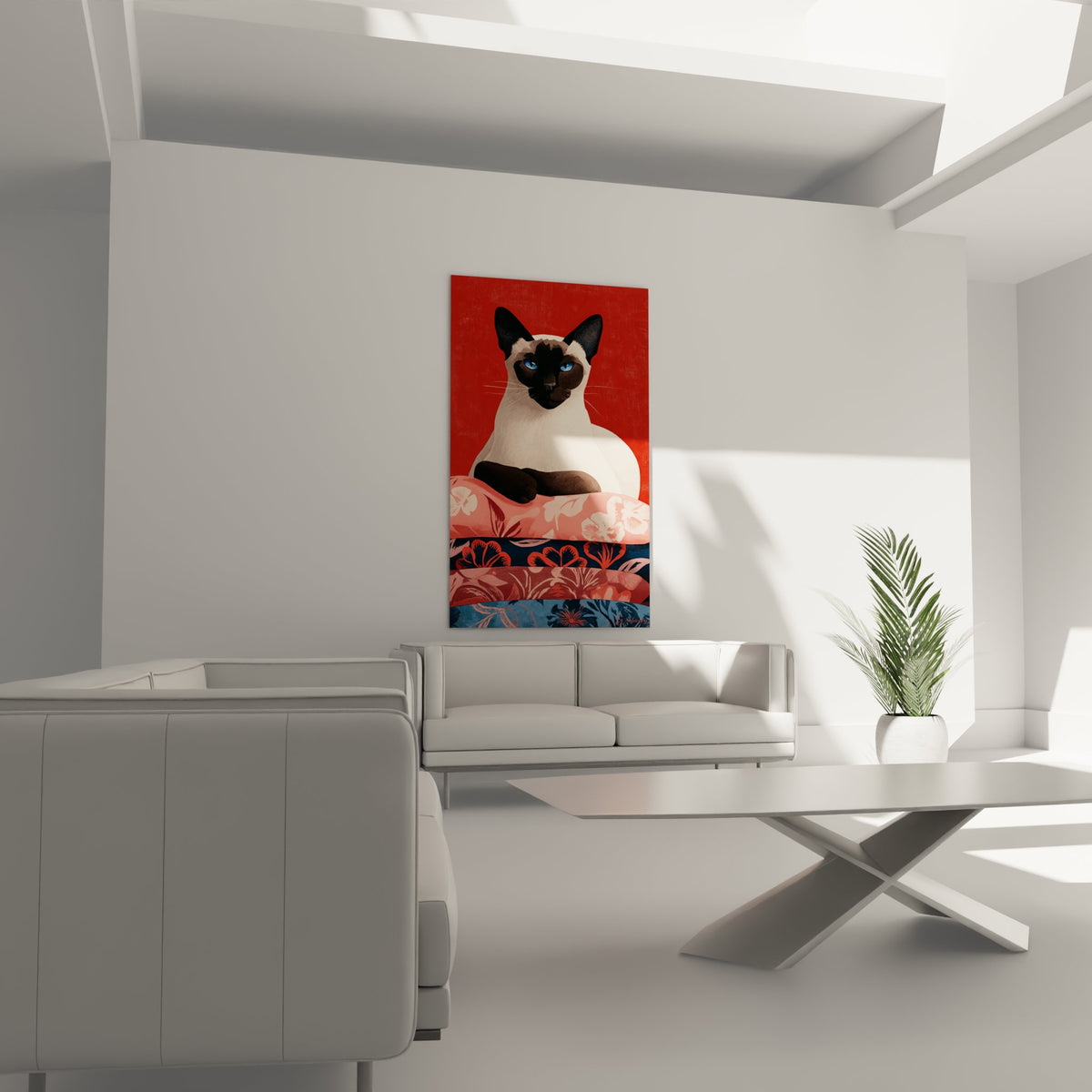 Gros plan portrait chat siamois yeux bleus pelage creme points fonces style artistique contemporain