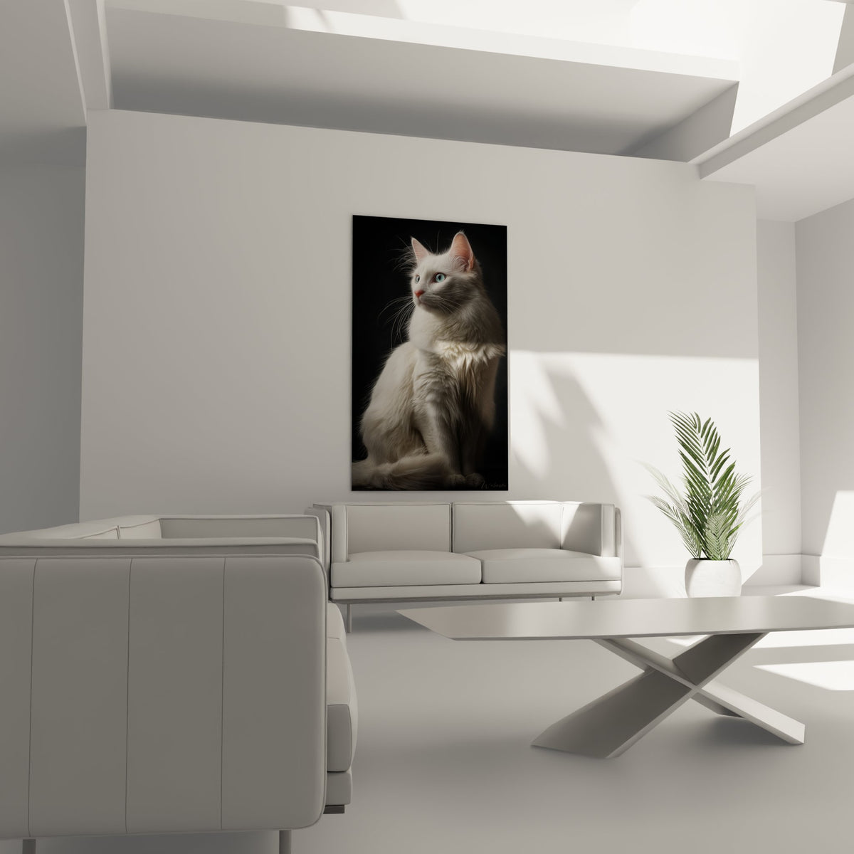 Gros plan portrait chat Turkish Angora blanc aux yeux vairons, details realistes pelage et expression