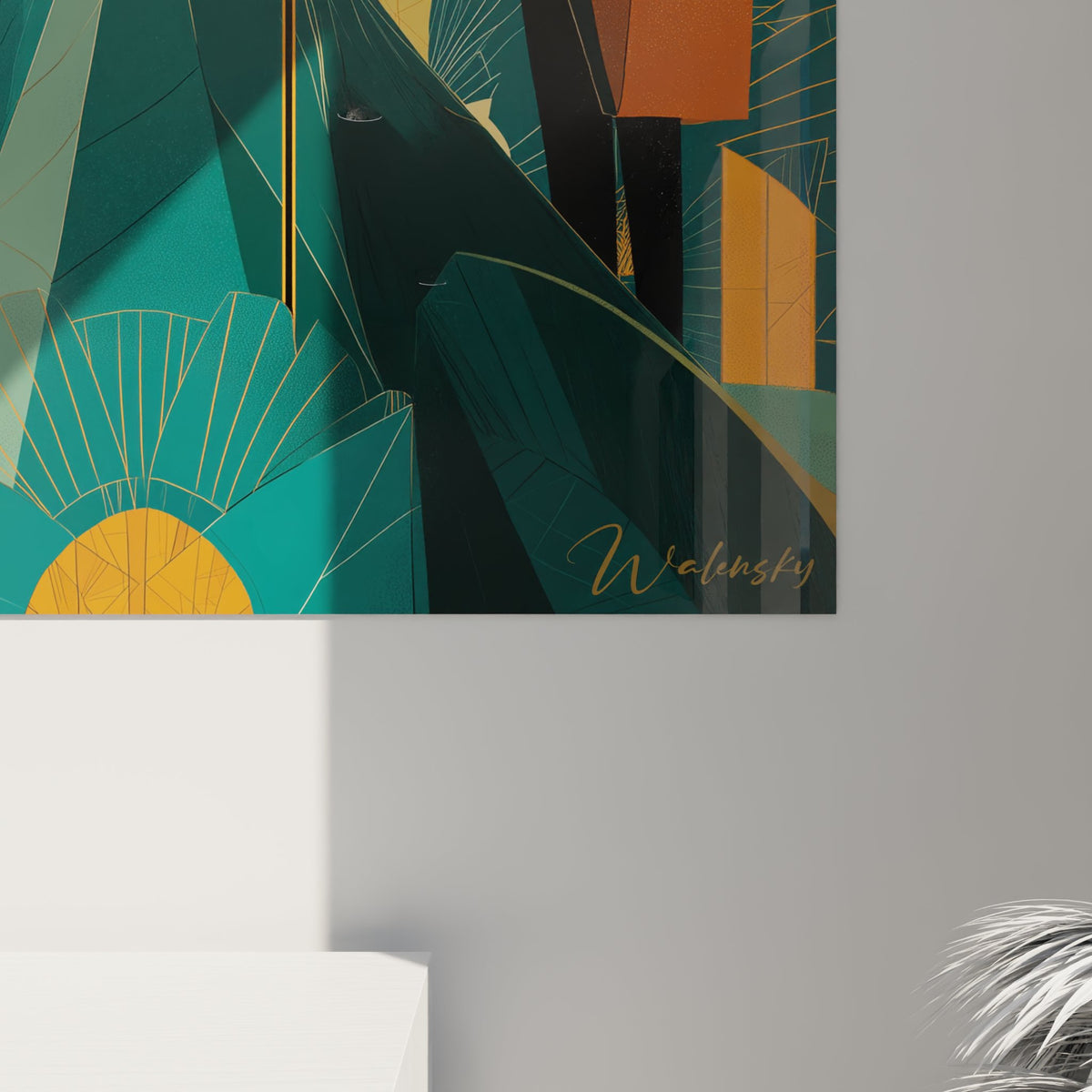 Vue d'angle tableau mural chanteuse jazz art déco montrant relief toile et accrochage mural professionnel
