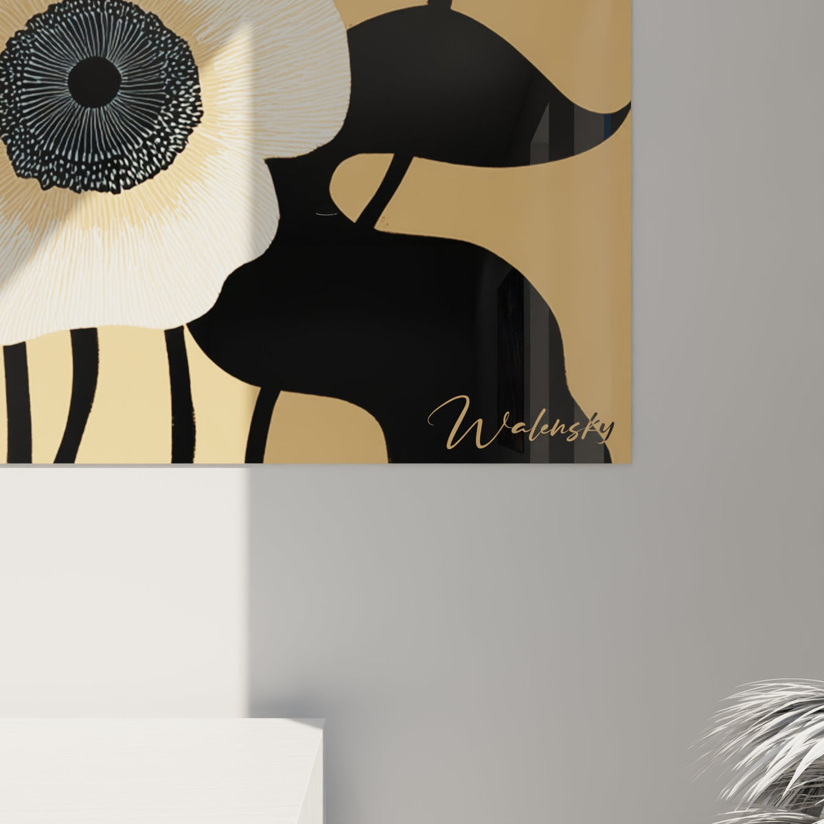 Vue perspective tableau fleurs art deco, composition florale moderne elegante decoration interieur