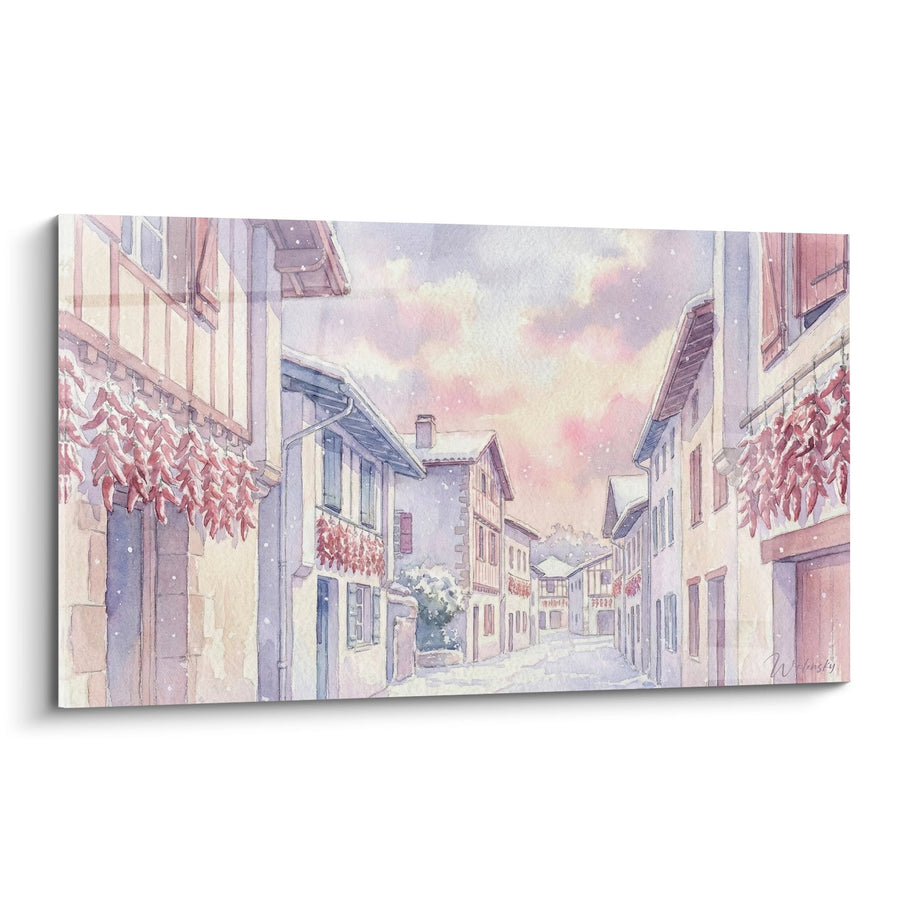 Tableau Village aux Façades Pastel et Ciel Rosé sous la Neige - Charme d'Hiver - Edition Pays Basque