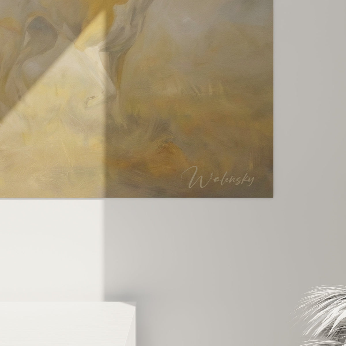 Vue ensemble tableau mural basenji meute brume doree integration deco salon moderne tons chauds