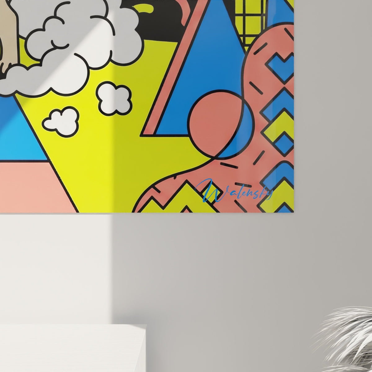 Vue d'ensemble œuvre carlin bain géométrique accrochée mur intérieur contemporain décoration moderne