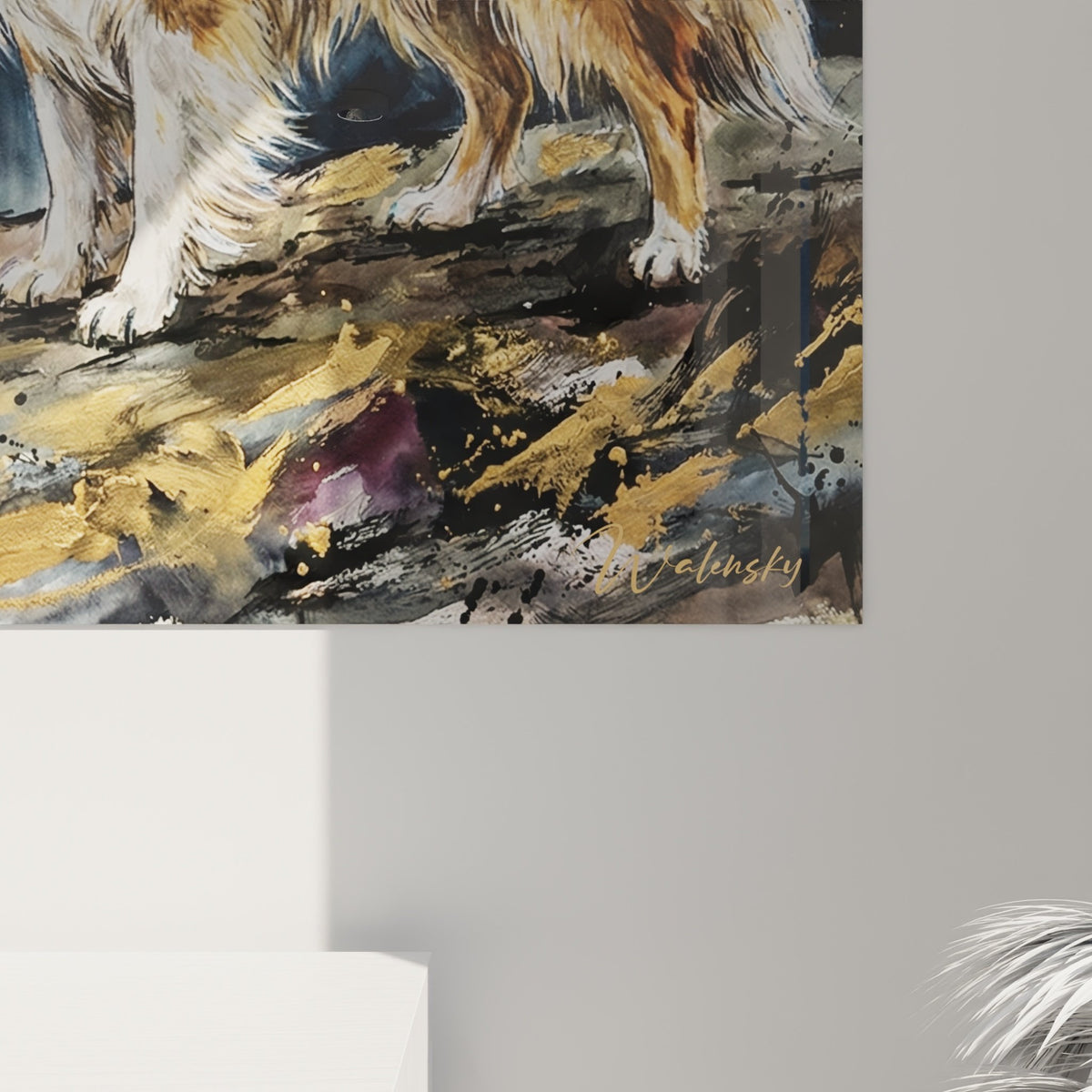 Vue d'ensemble tableau mural Collie dans intérieur moderne montrant l'effet décoratif des couleurs chaudes et froides