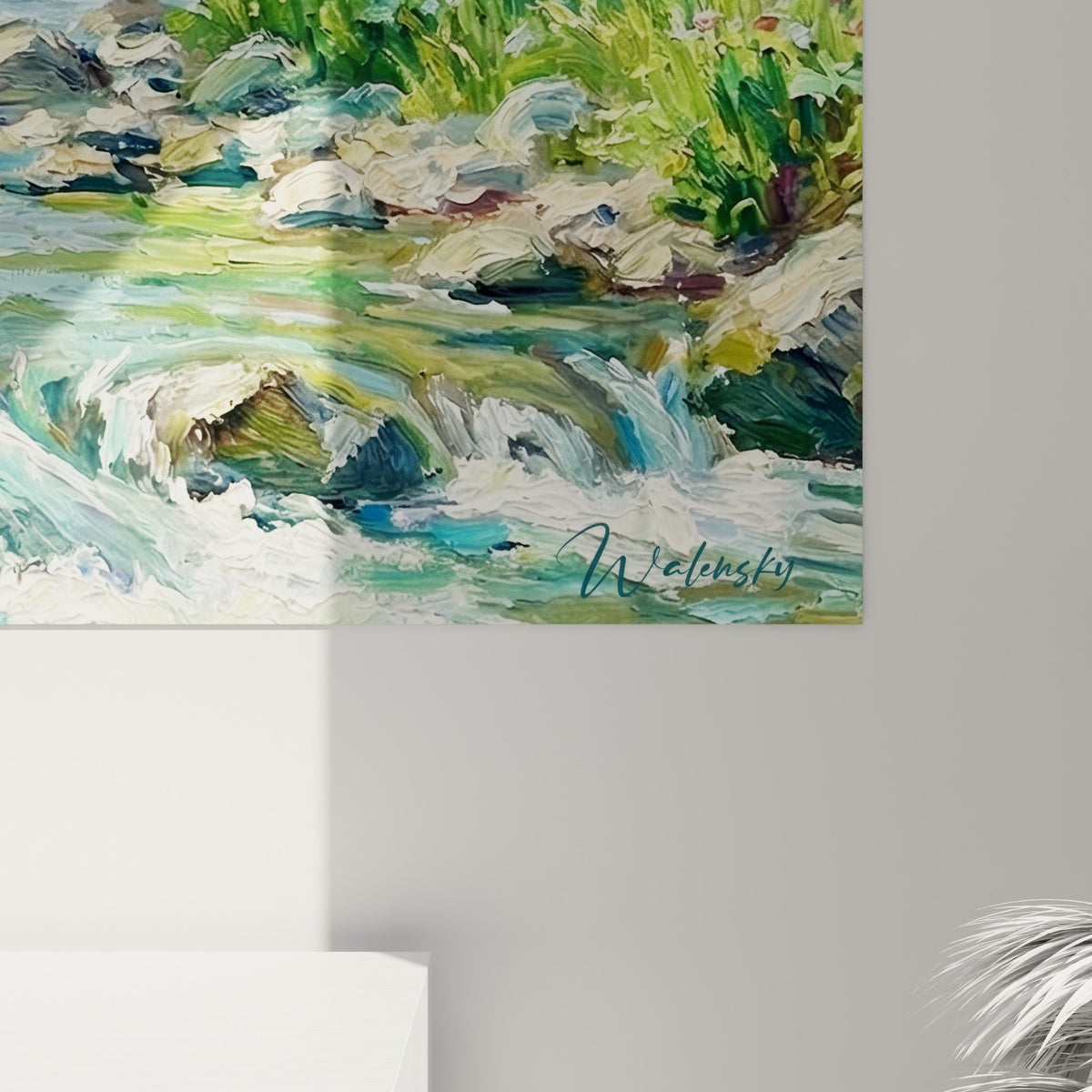 Vue ensemble tableau pêche rivière décoration intérieur style naturel vert turquoise authentique