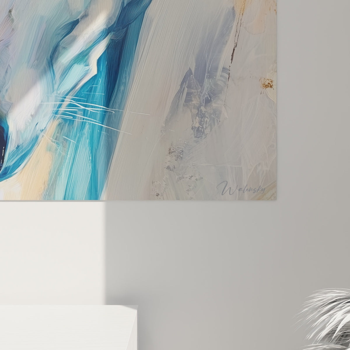 Vue ensemble portrait levrier whippet moderne tons bleus beiges decoration interieure raffinee