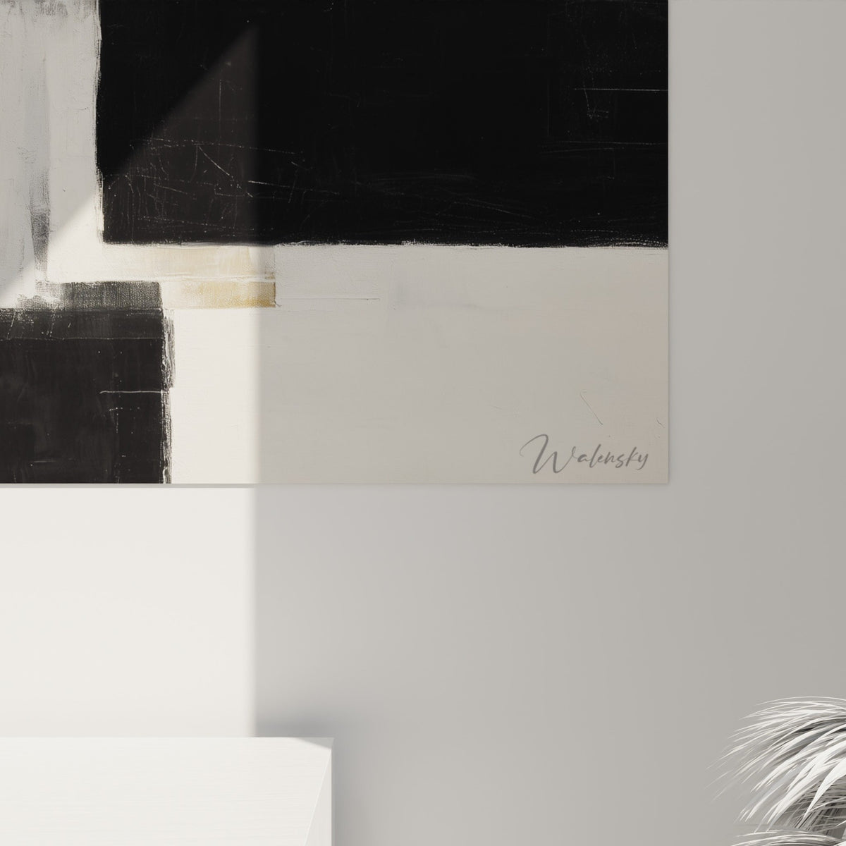 Vue ensemble tableau abstrait noir blanc gris composition equilibree feng shui metal
