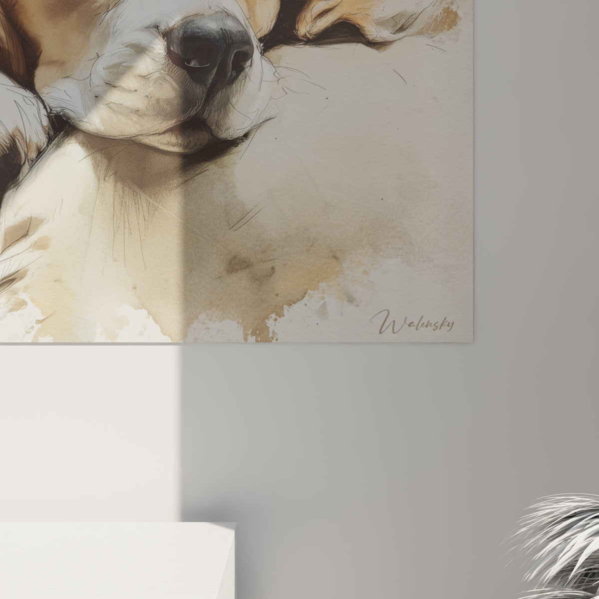 Vue ensemble tableau beagle repos tons ocre decoration interieur chaleureux