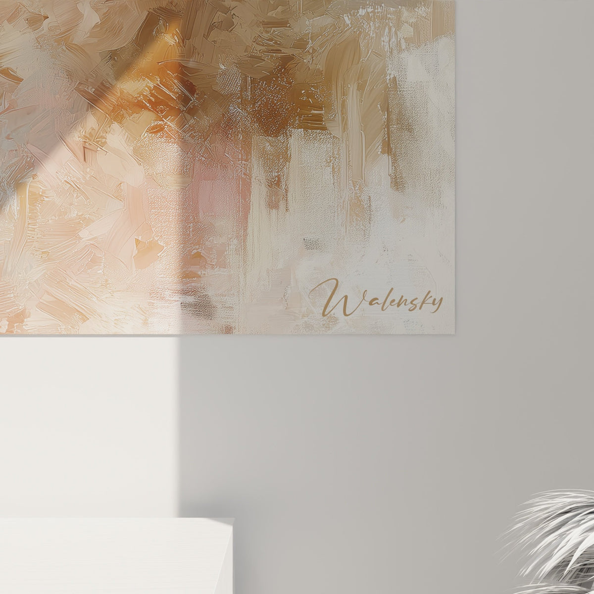 Vue ensemble tableau mural Bichon Frisé style impressionniste palette beige rose intérieur moderne