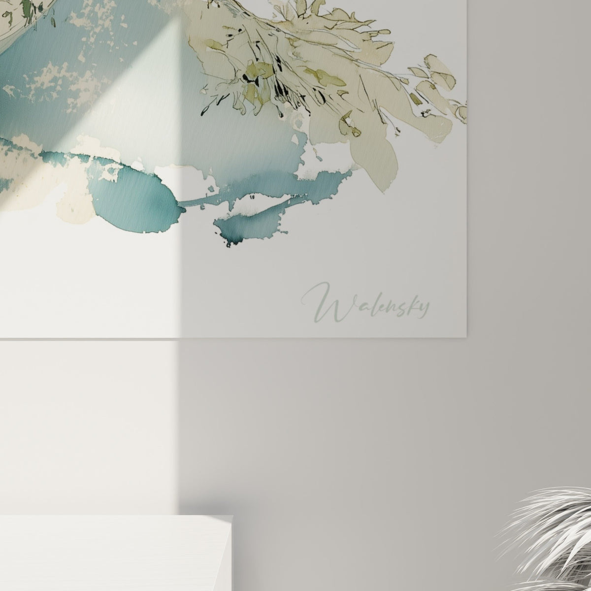 Vue ensemble tableau bonsai aquarelle bleue beige composition vegetale art japonais ikebana zen