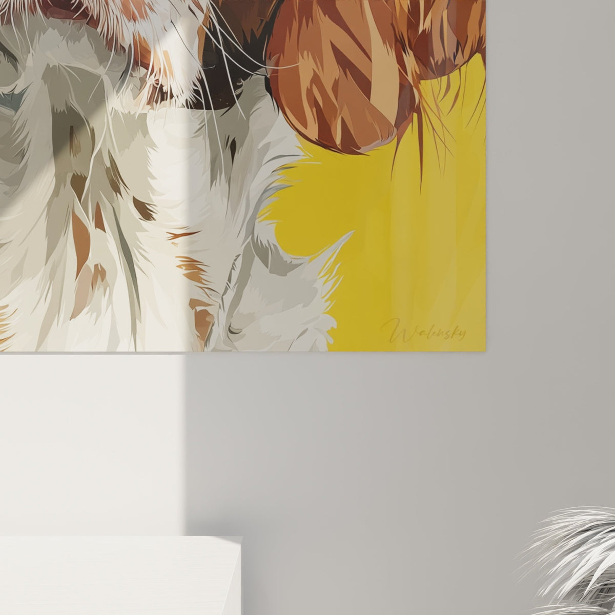 Vue ensemble tableau Epagneul Breton fond jaune decoration interieur portrait chien mural