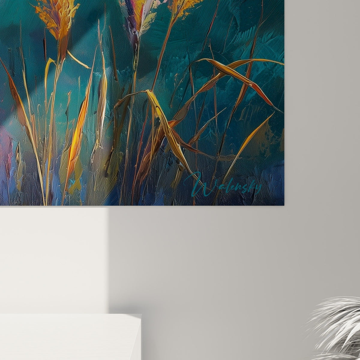 Vue ensemble tableau graminees salon decoration murale tons chauds bleus contrastes chromatiques
