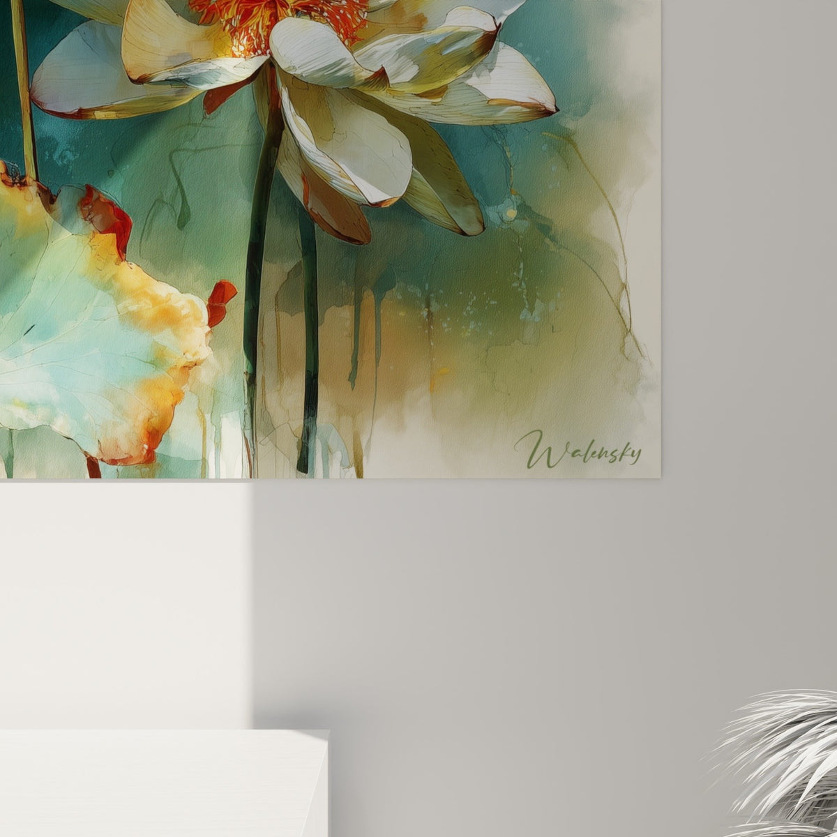 Vue ensemble tableau nenuphars lotus blancs style aquarelle fond aquatique vert bleu decoration zen