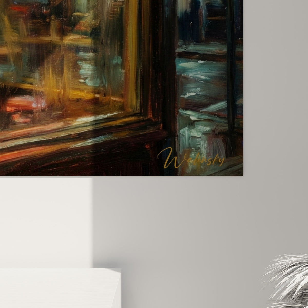 Vue ensemble tableau mural diner Manhattan nuit pluvieuse decoration interieur moderne ambiance urbaine lumineuse