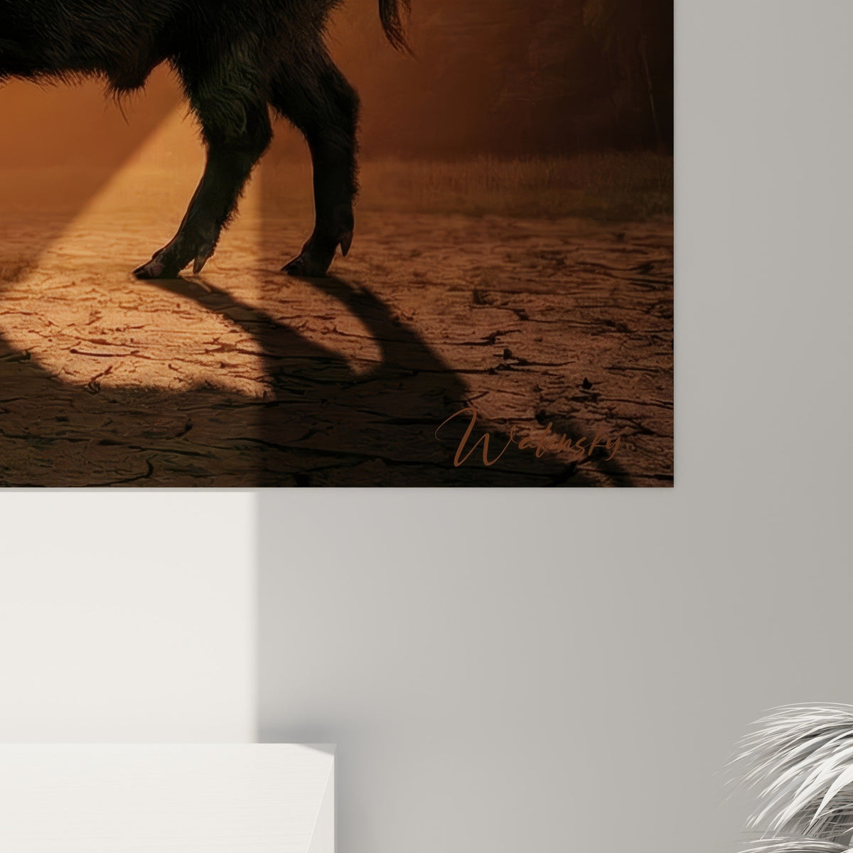 Vue ensemble tableau sanglier coucher soleil decoration interieur nature