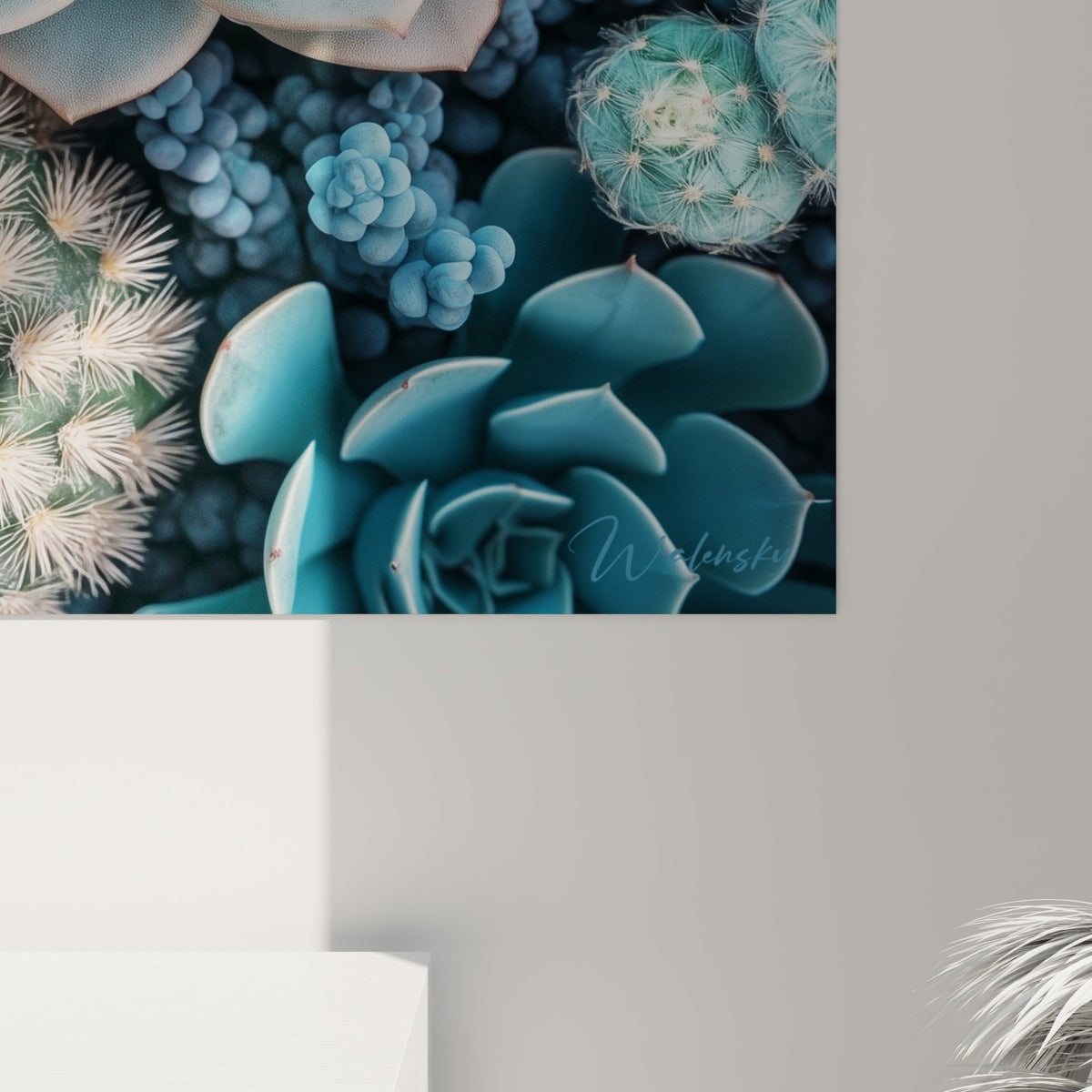 Vue ensemble tableau succulentes cubisme salon decoration murale art contemporain plantes geometriques bleues
