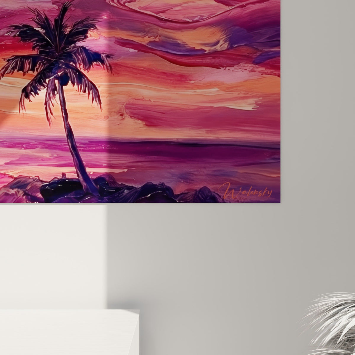 Vue ensemble tableau tropical palmier silhouette ciel colore decoration interieur Bali