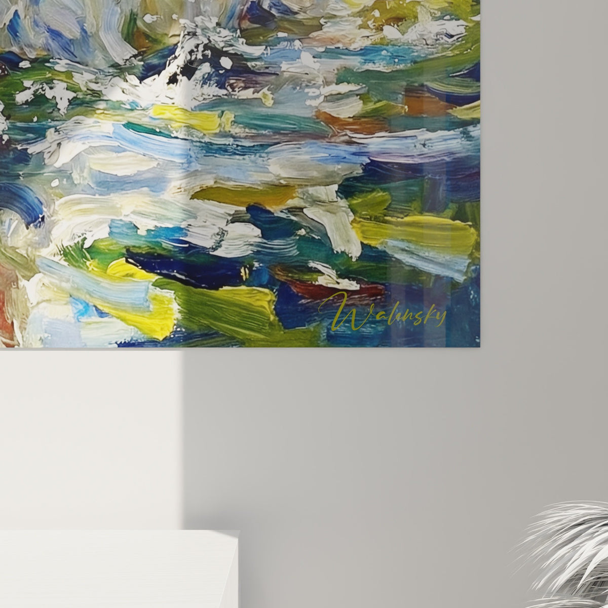 Vue ensemble tableau Westie canetons decoration interieur mur blanc art canin scene aquatique